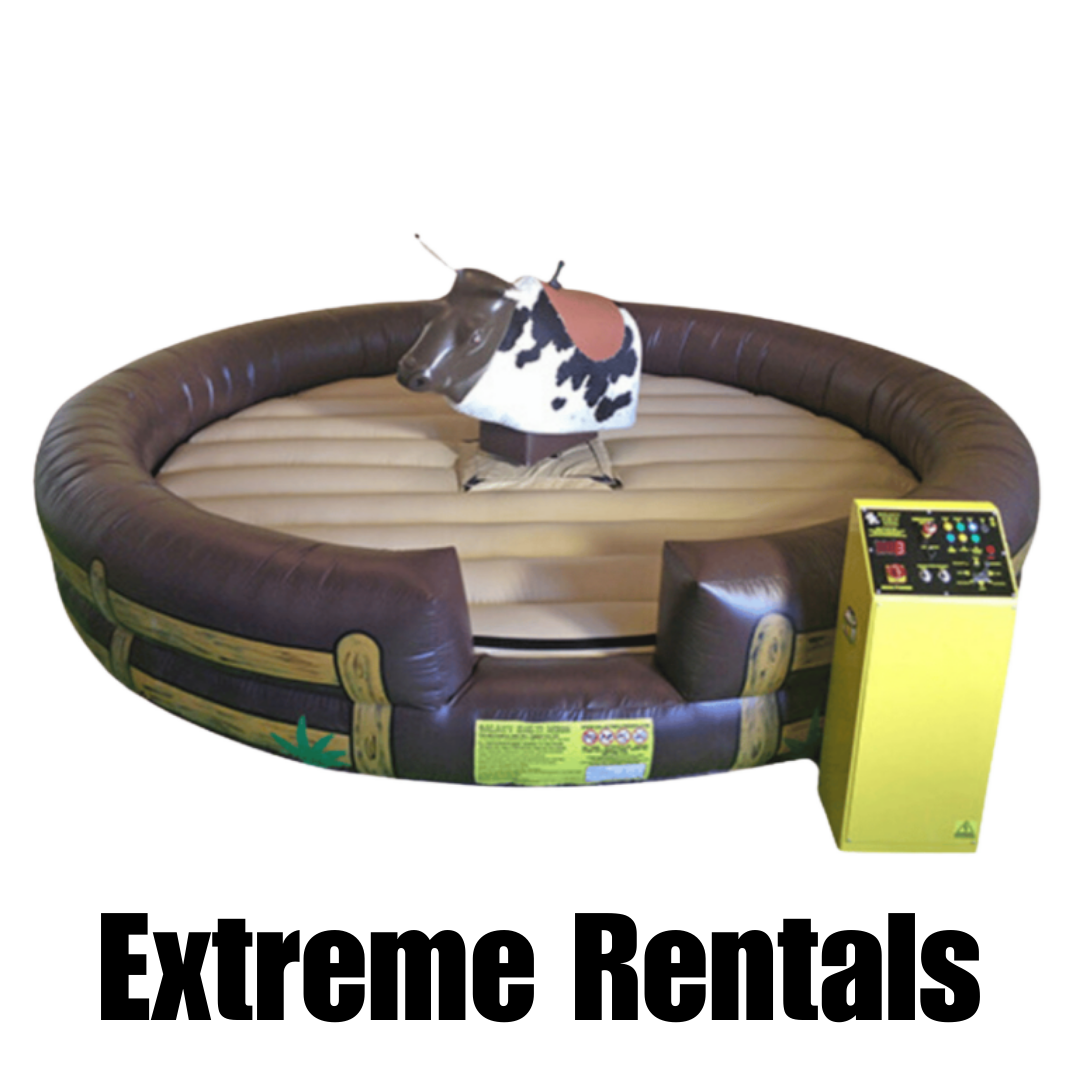 Extreme rental attractions like mechanical bulls and rock walls for events and parties
