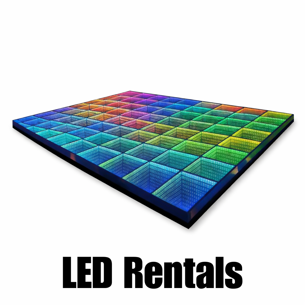 Classy guests dancing on multicolored LED floor at upscale party venue.