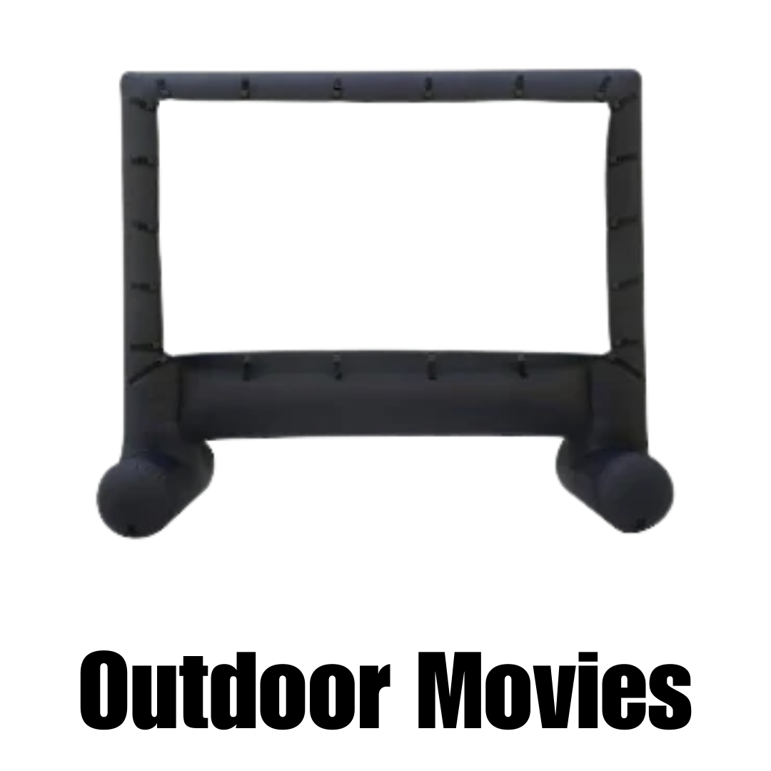 Outdoor movie night setup with large screen, lawn seating, and ambient evening lighting.